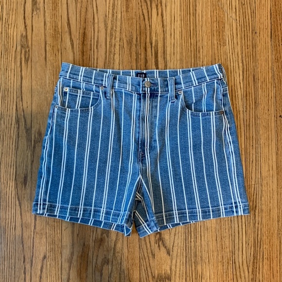 GAP Mom Jean Shorts Blue Navy Striped Denim High Waist VTG 90s 12 31 Stretch - Picture 2 of 8